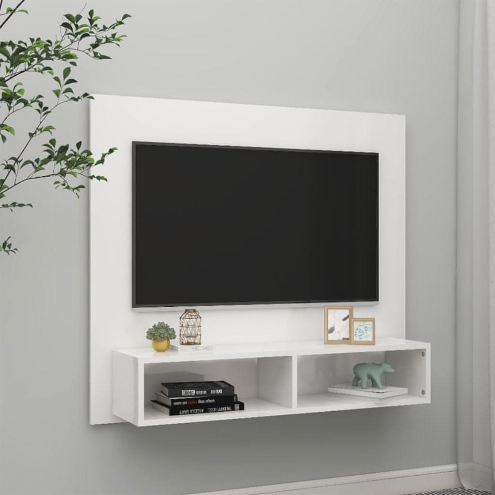 Vidaxl Nástenná TV skrinka lesklá biela 102x23,5x90 cm drevotrieska